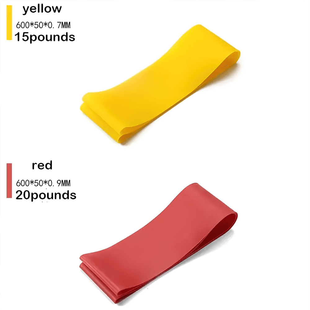 Yellow and red resistance bands, 15 and 20 pounds respectively, perfect for fitness and Pilates training.